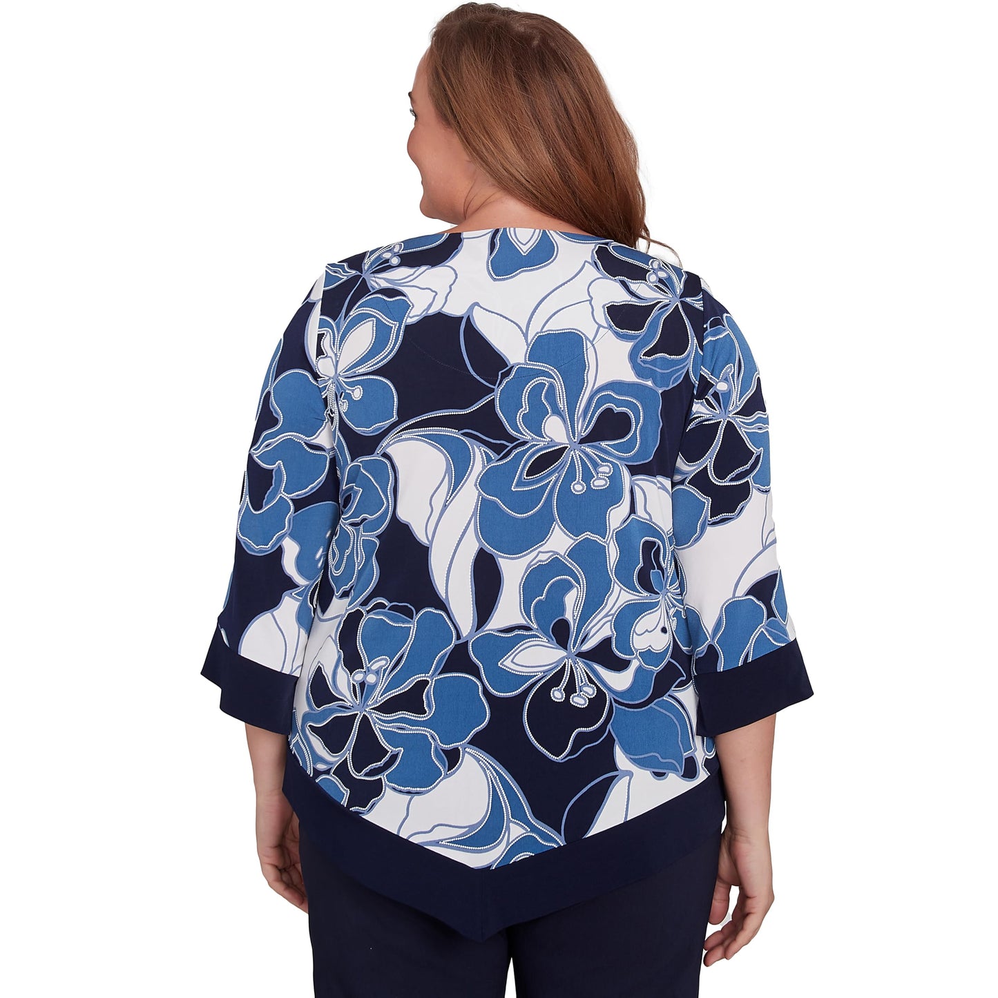Alfred Dunner Women's Plus-Size Abstract Bold Floral Patchwork Top with Necklace Size 3X Navy