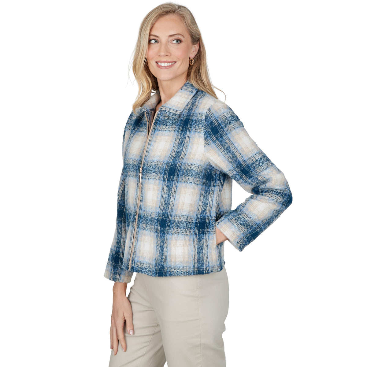 Alfred Dunner Petite Plaid Texture Zip Jacket, Blue, PS