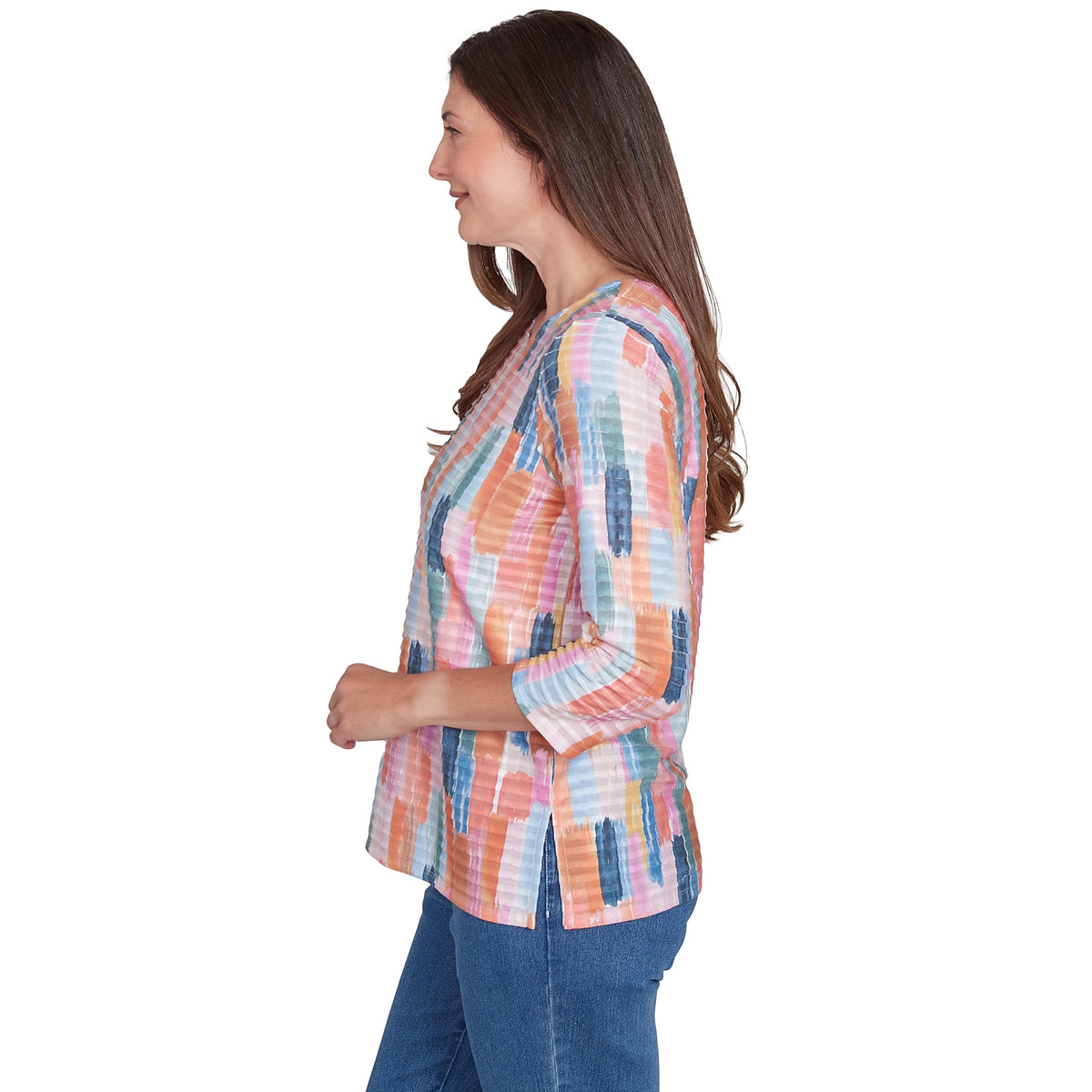 Alfred Dunner Free Spririt Brushstrokes Mini Ruffles All Polyester Tops (US, Alpha, Small, Regular, Regular, Standard, Coral)