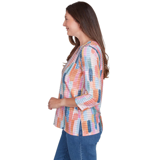 Alfred Dunner Free Spririt Brushstrokes Mini Ruffles All Polyester Tops (US, Alpha, Small, Regular, Regular, Standard, Coral)