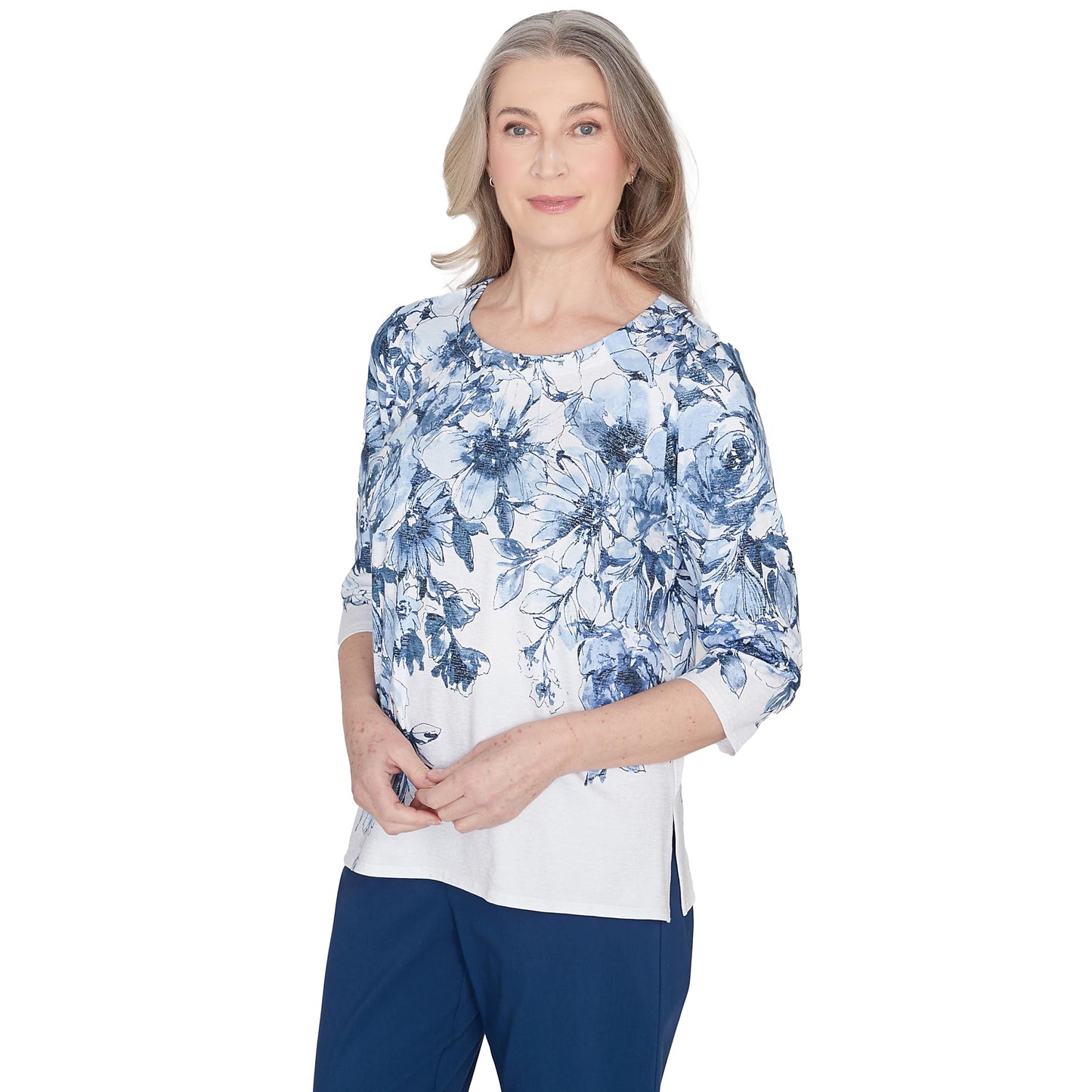 Alfred Dunner Women's Classics Floral Yoke Shimmer Top