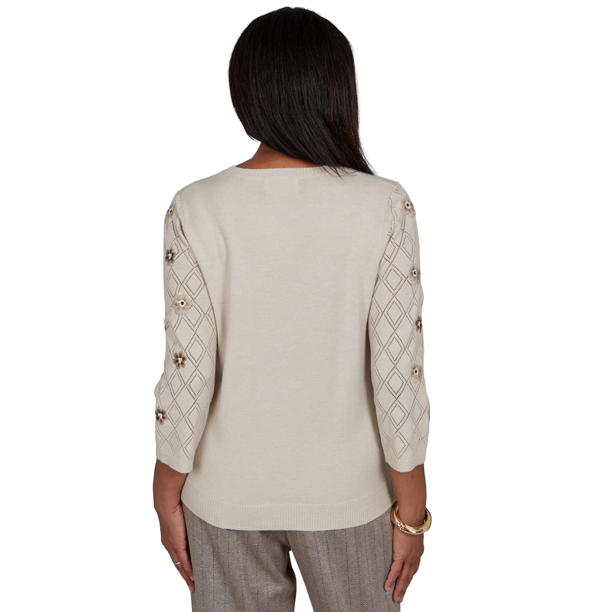 Alfred Dunner Women's Flower Embroidered Pointelle Sweater, Latte, M