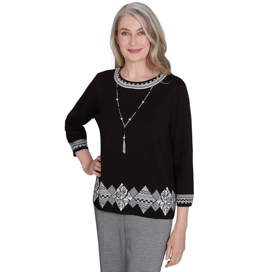 Alfred Dunner Runway Ready Black and White with Diamond Border Knit Sweater Top