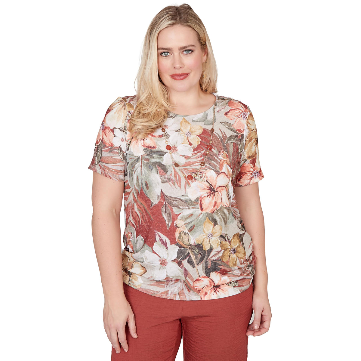 Alfred Dunner Women's Dramatic Floral Tee with Necklace, Size L, Brown Multi