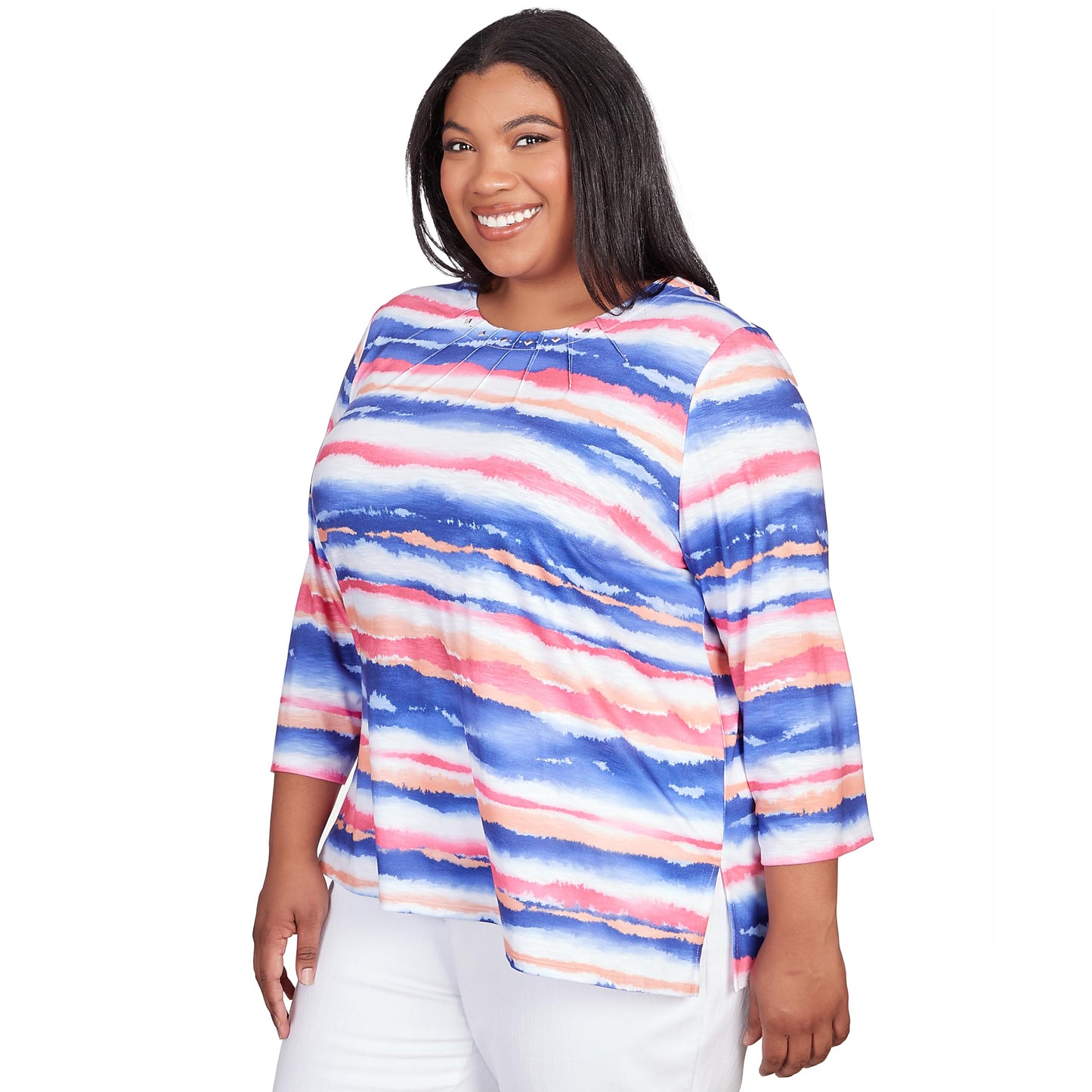 Alfred Dunner Classics Bright Watercolor Strip Biadre Polyester Top