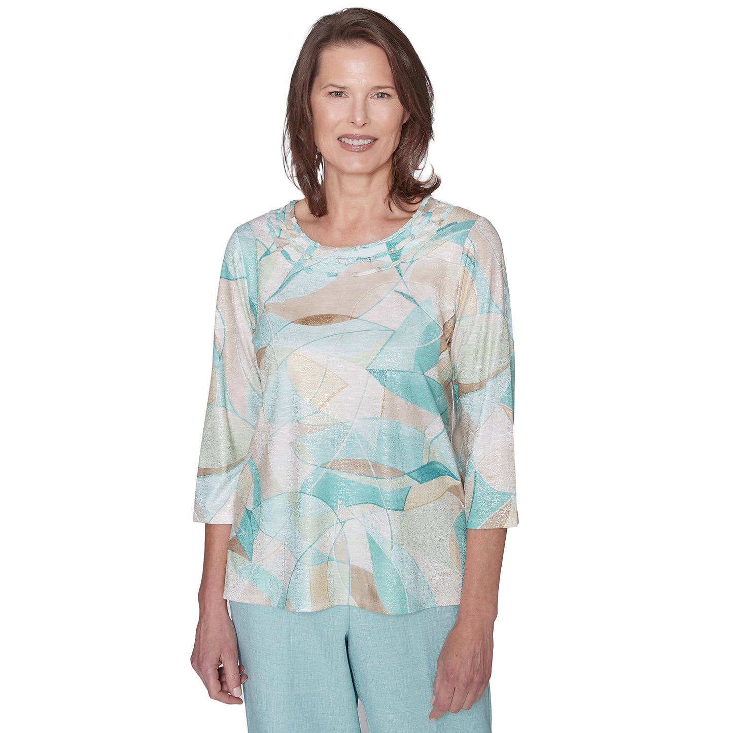 Alfred Dunner Women's Stained Glass Crew Neck Top, Multi Neutral
