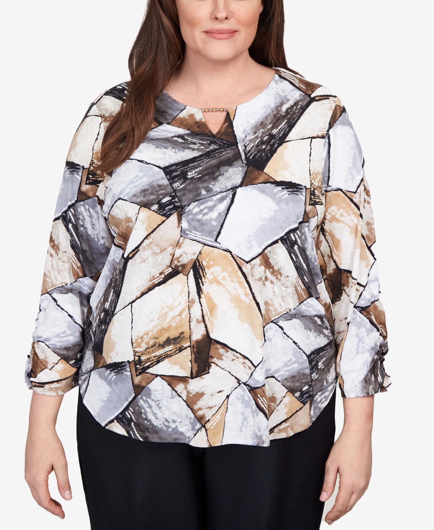 Alfred Dunner Classics Patchwork Polyester (US, Alpha, 3X, Plus, Regular, Plus Size, Tan)