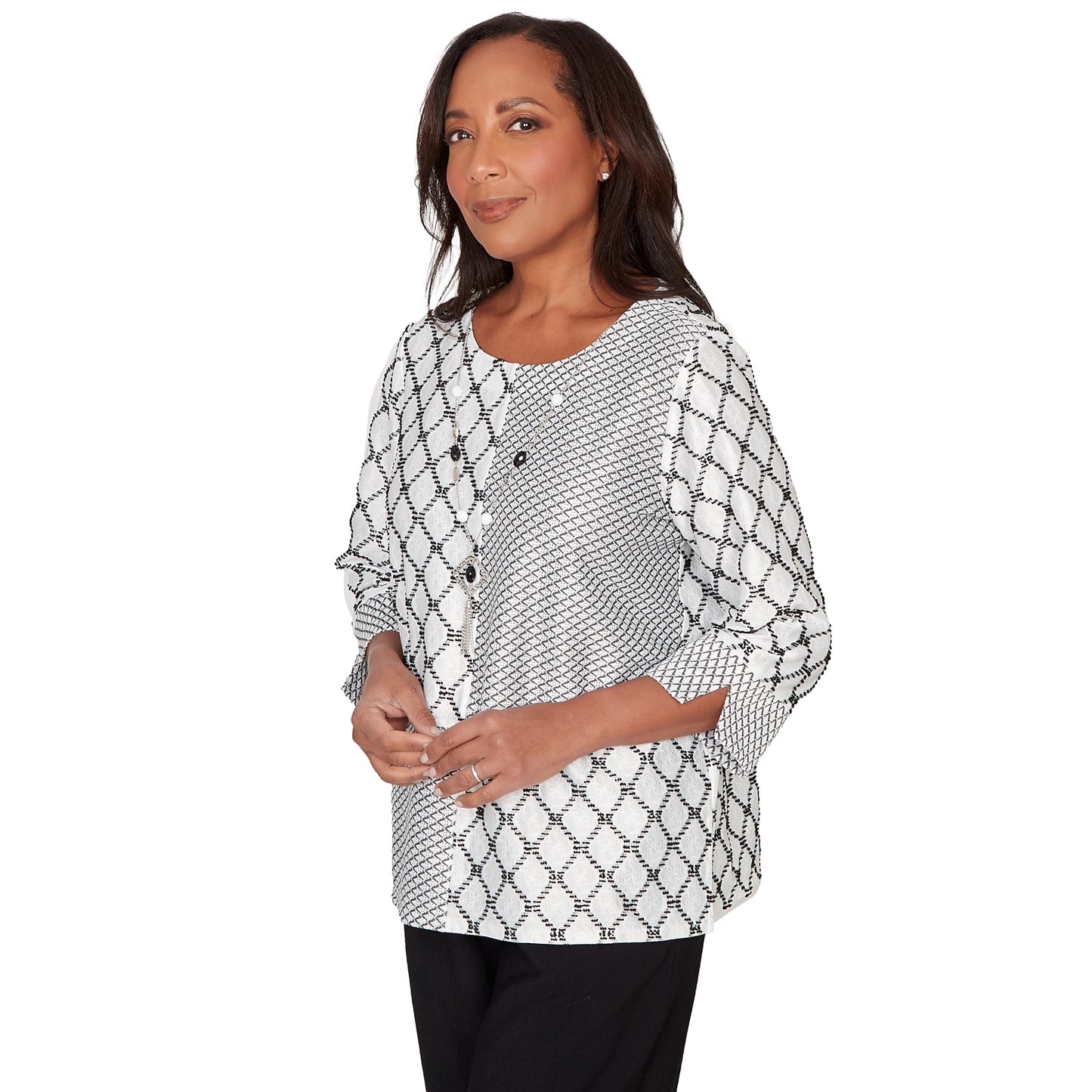Alfred Dunner Women's Spliced Diamond Textured Top with Necklace