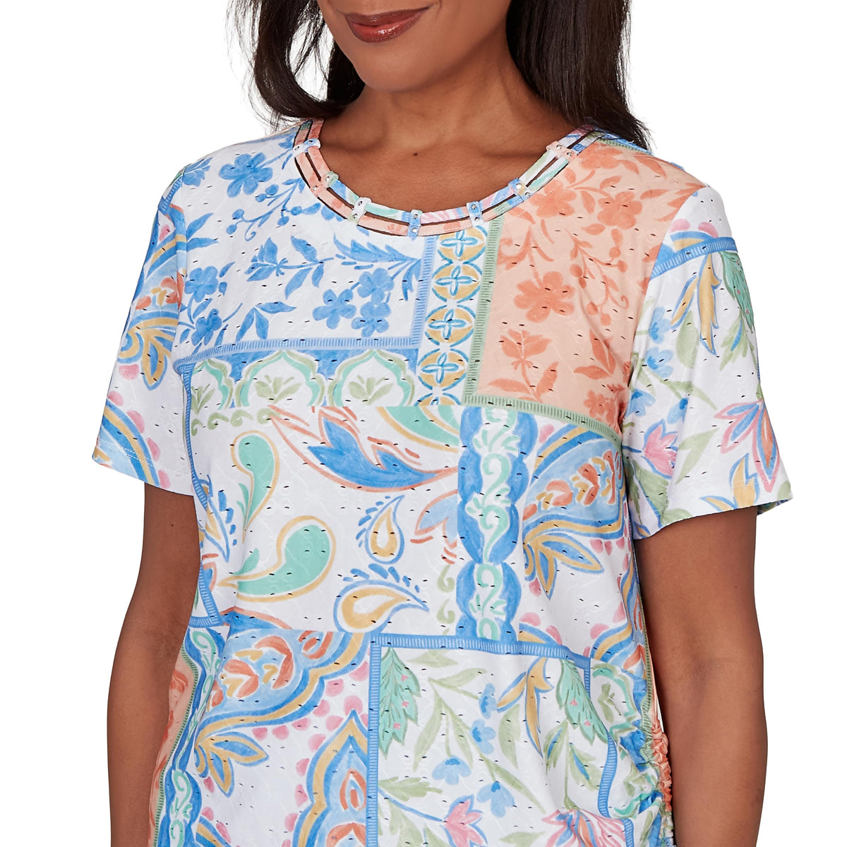 Alfred Dunner Women's Patchwork Scroll Side Tie Ruched Tee, Size L, Green Multi
