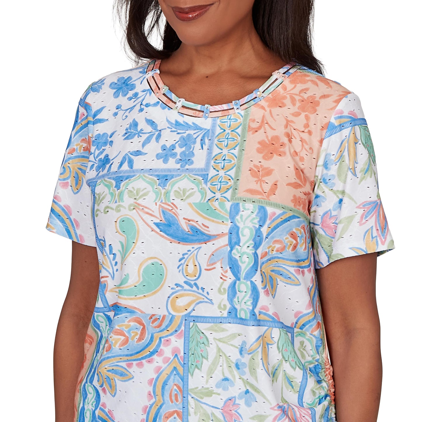 Alfred Dunner Women's Patchwork Scroll Side Tie Ruched Tee