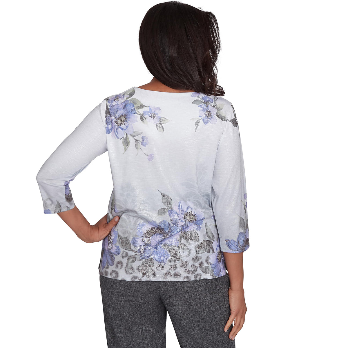 Alfred Dunner Worth Avenue Asymmetrical Floral Shimmer Top Polyester (US, Alpha, Small, Regular, Regular, Standard, Grey)