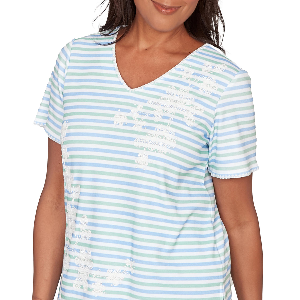 Alfred Dunner Women's Highlight Flower Striped Tee