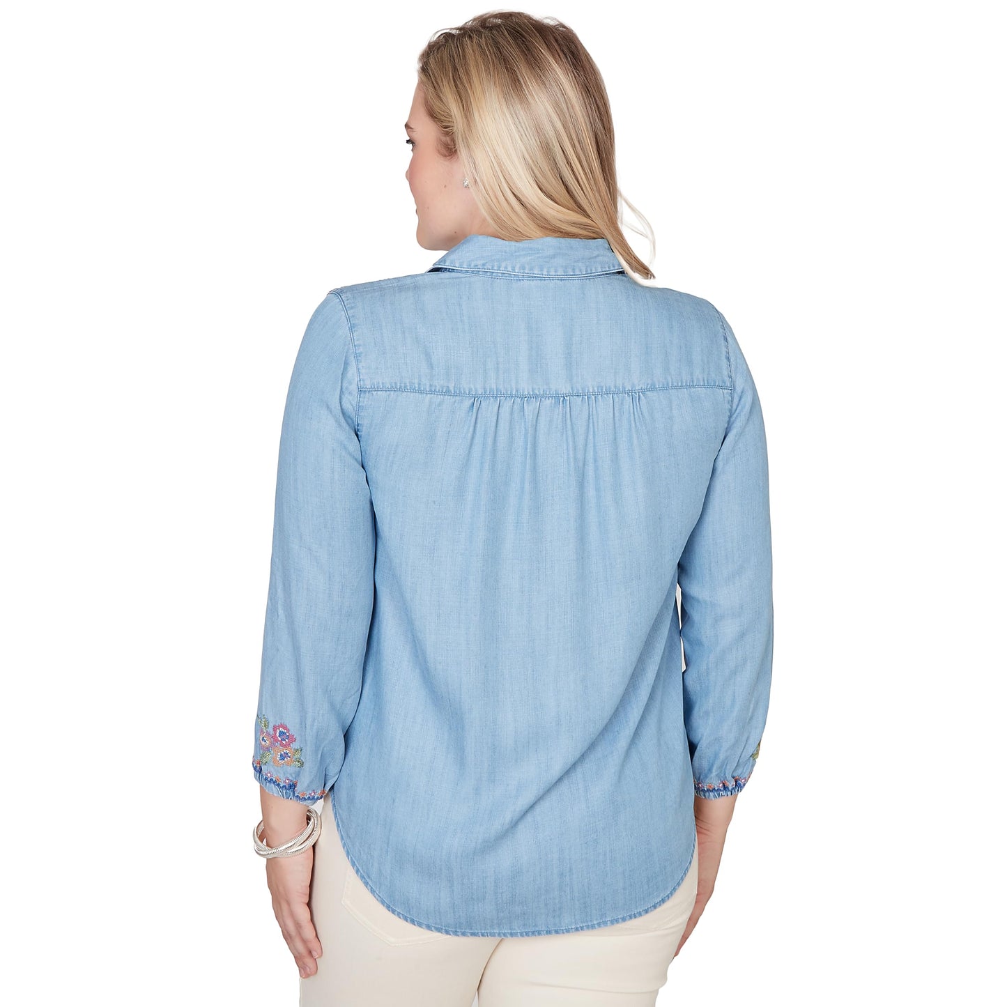 Alfred Dunner Women's Petite Floral Embroidered Button Front Top, Size PXL, Light Blue