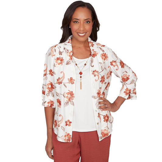 Alfred Dunner Women's Paisley Floral Collared Two in One Top with Necklace
