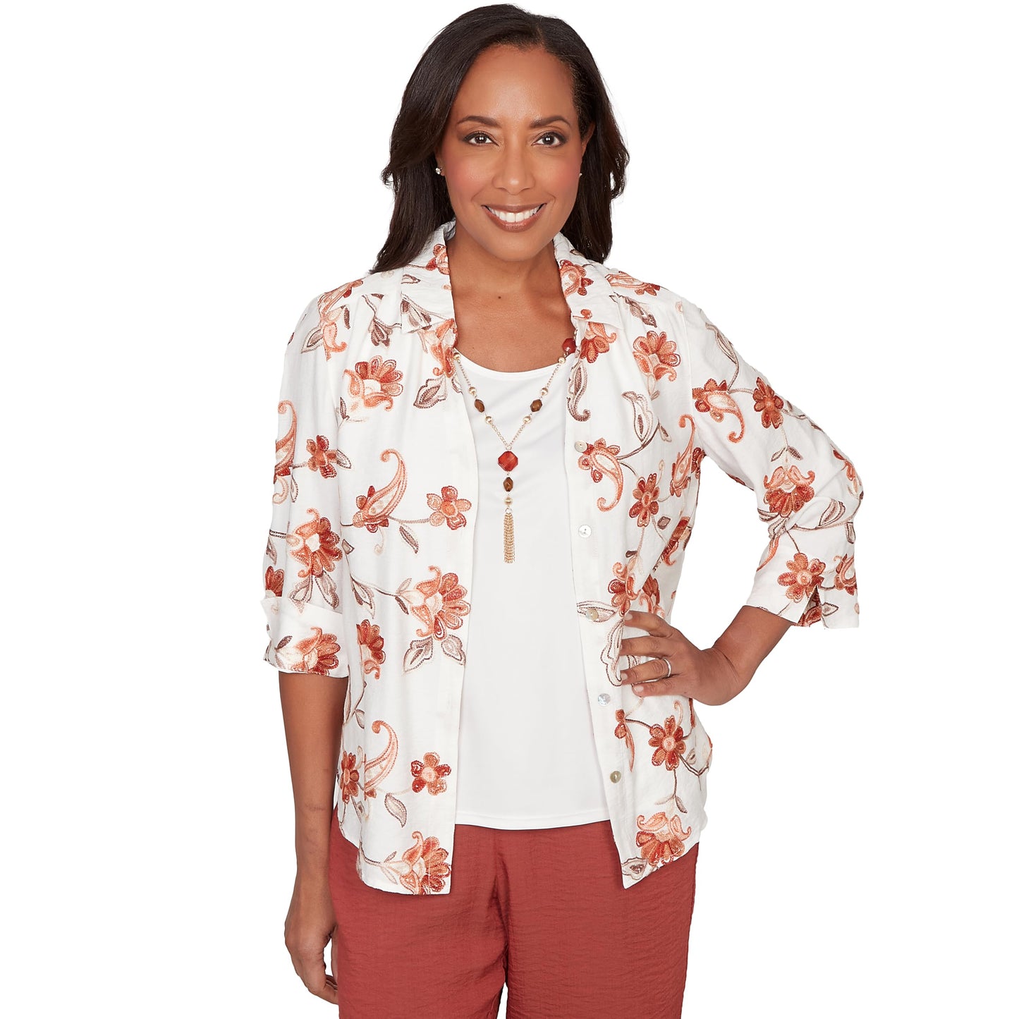 Alfred Dunner Women's Paisley Floral Collared Two in One Top with Necklace