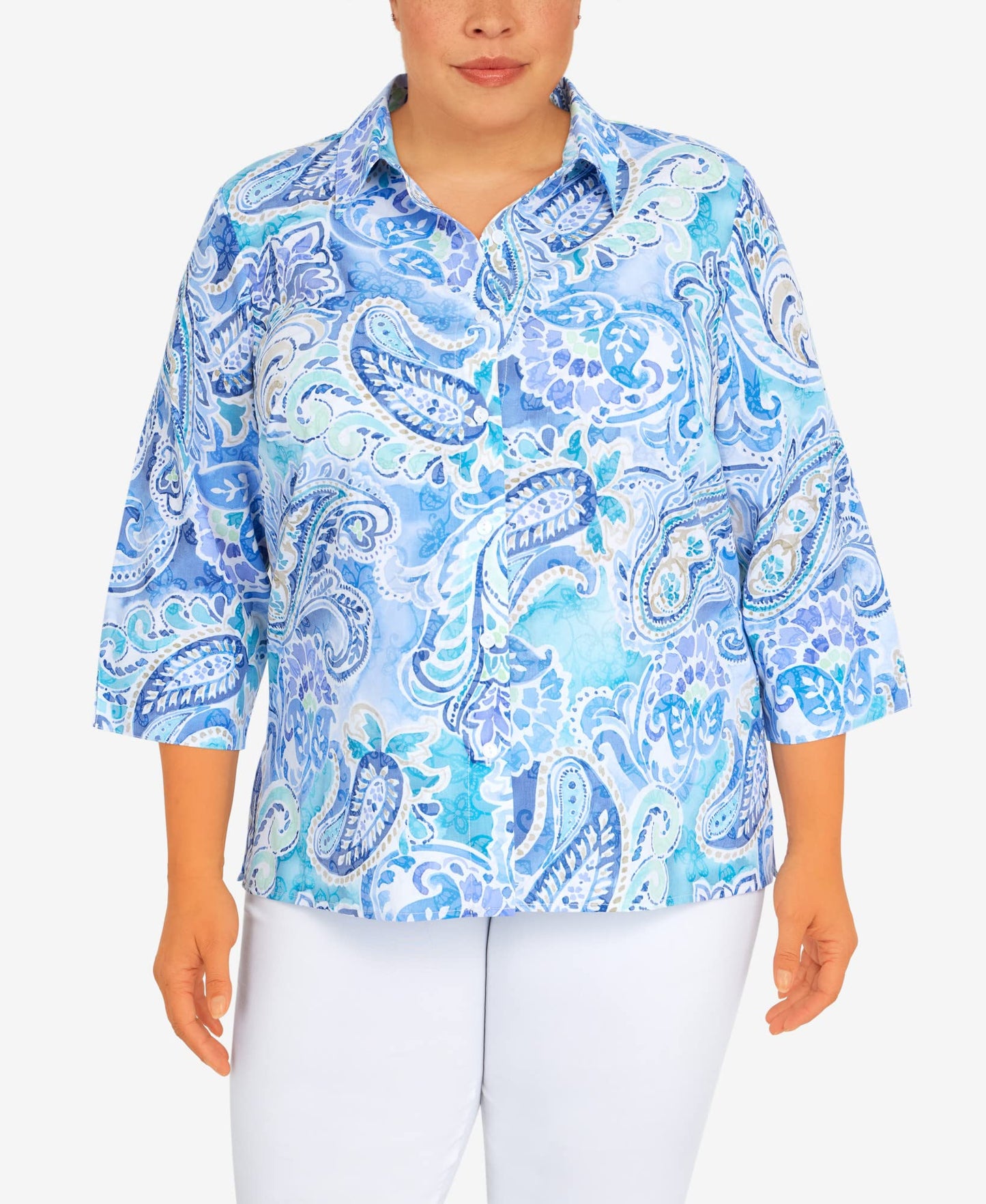 Alfred Dunner Women's Paisley 3/4 Sleeve Button Down Top