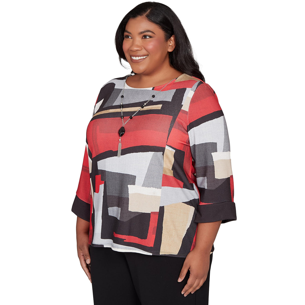 Alfred Dunner Women's Plus-Size Knit Colorblock Top with Necklace, Size 1X, Red Multi
