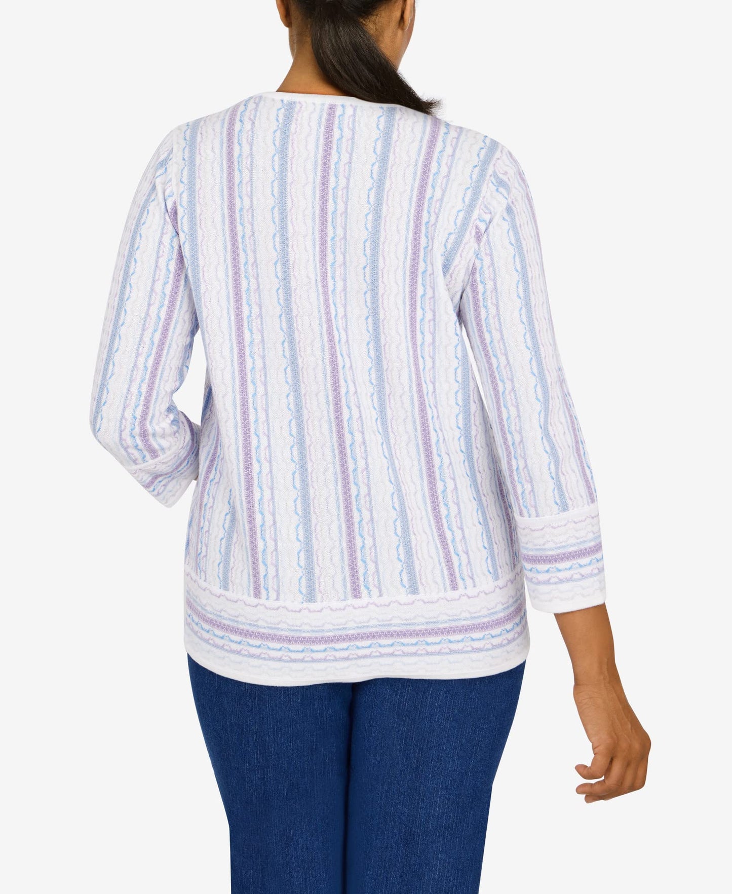 Alfred Dunner Women's Womens Crewneck Three-Quarter Bell Sleeve Stripe Sweater with Removable Necklace