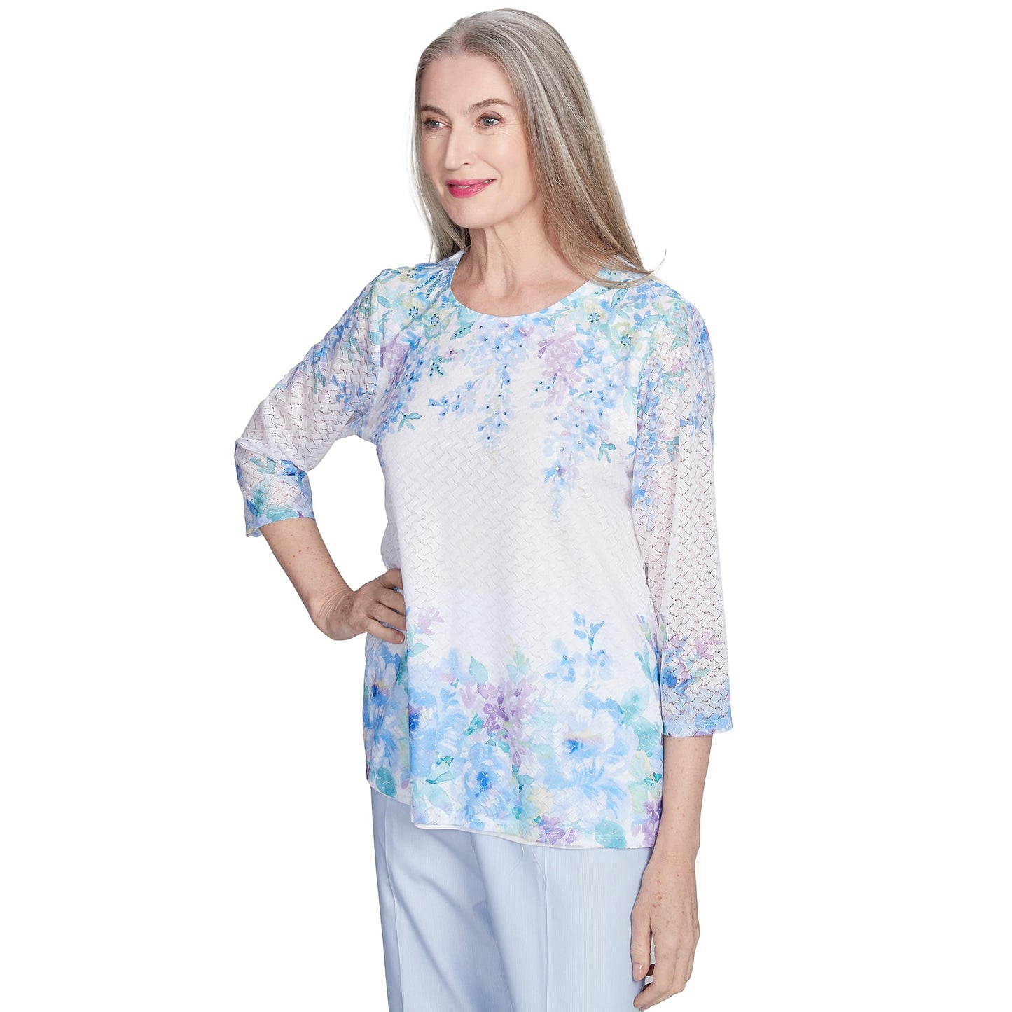 Alfred Dunner ST. Thomas Women's Textured Sky Blue Floral Border Top, Large