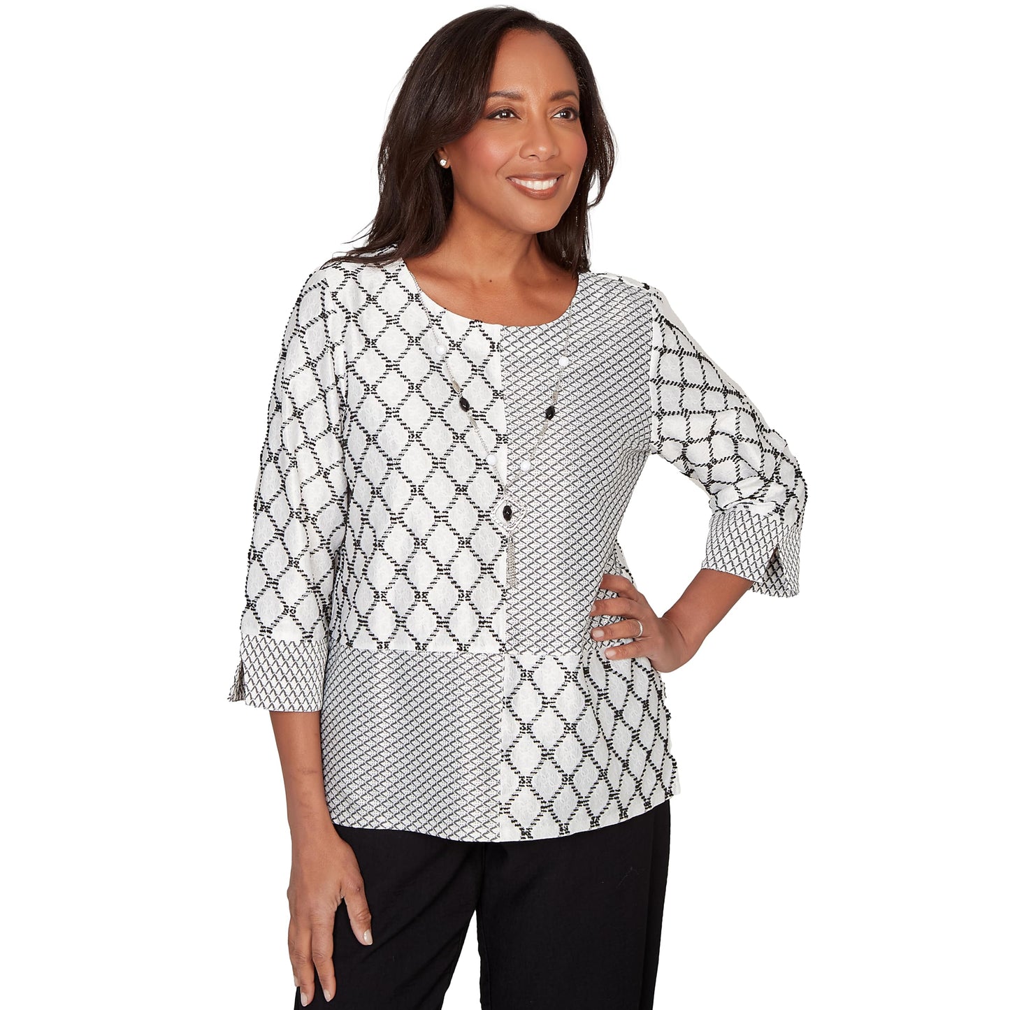 Alfred Dunner Women's Spliced Diamond Textured Top with Necklace