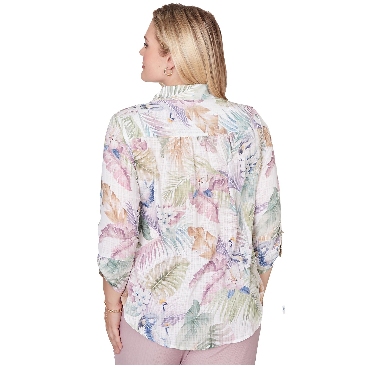 Alfred Dunner Women's Tropical Button Front Tie Sleeve Top