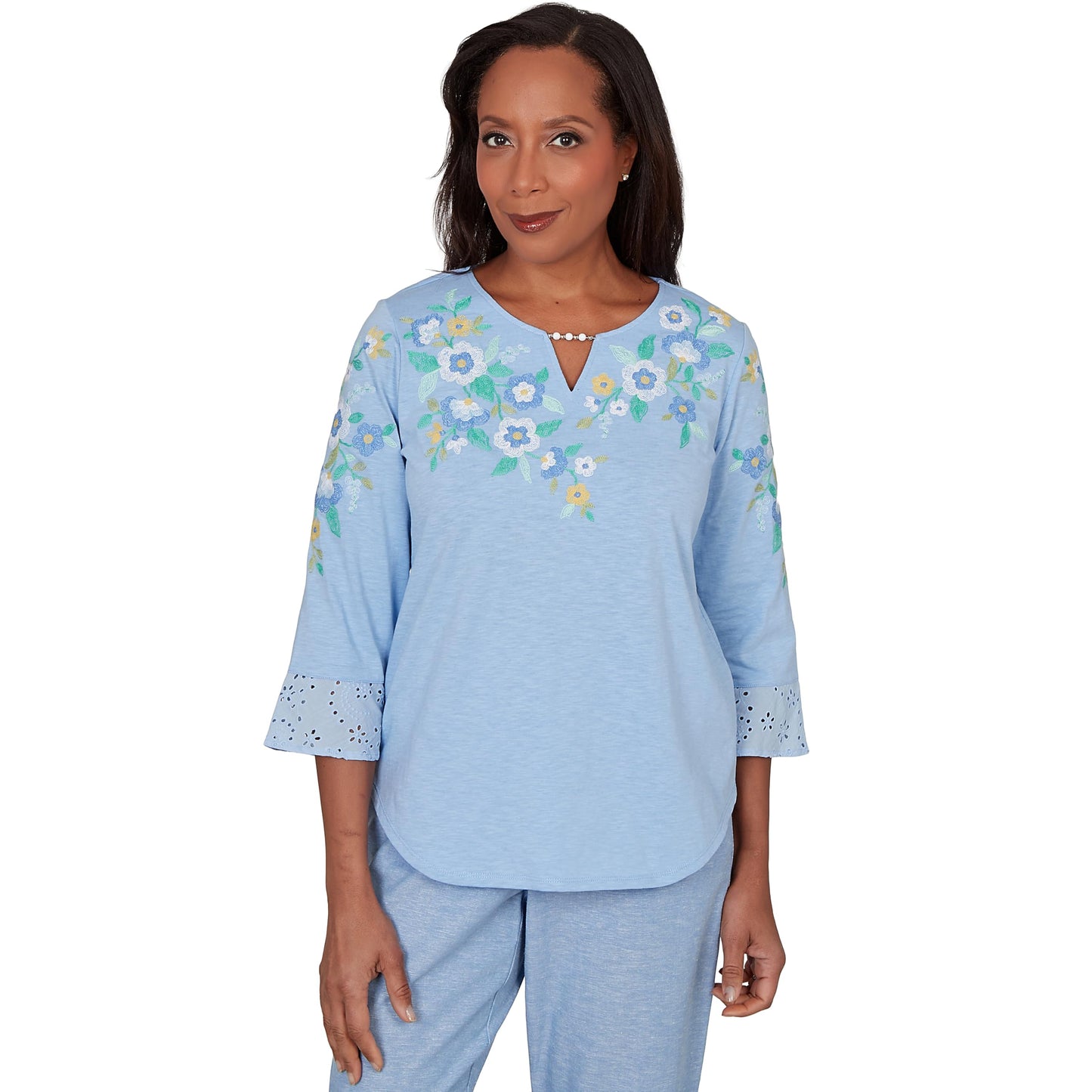 Alfred Dunner Women's Floral Embroidered Split Neck Top