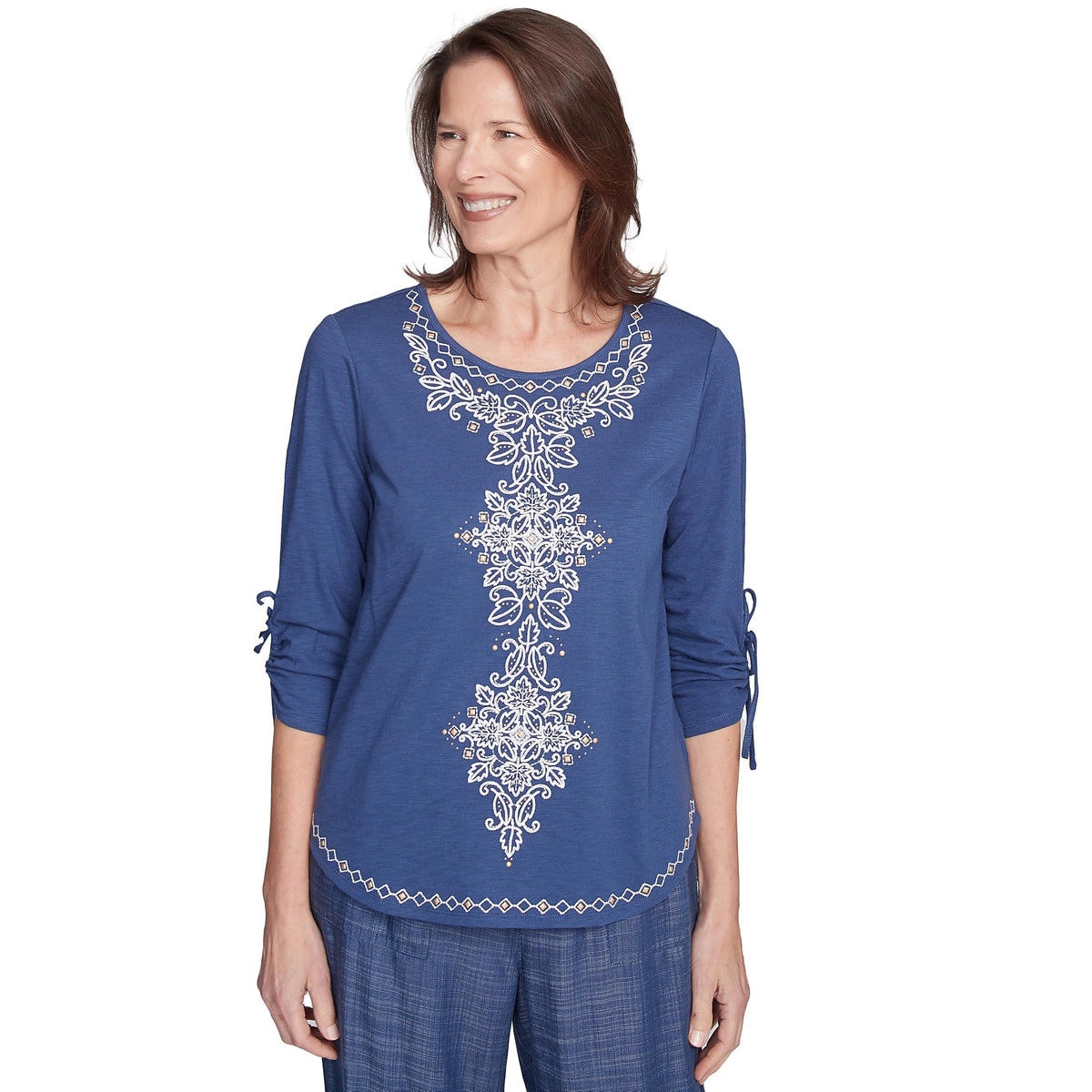 Alfred Dunner Center Embroidered Top Cotton/Polyester (US, Alpha, X-Large, Regular, Petite, Petite, Blueberry)