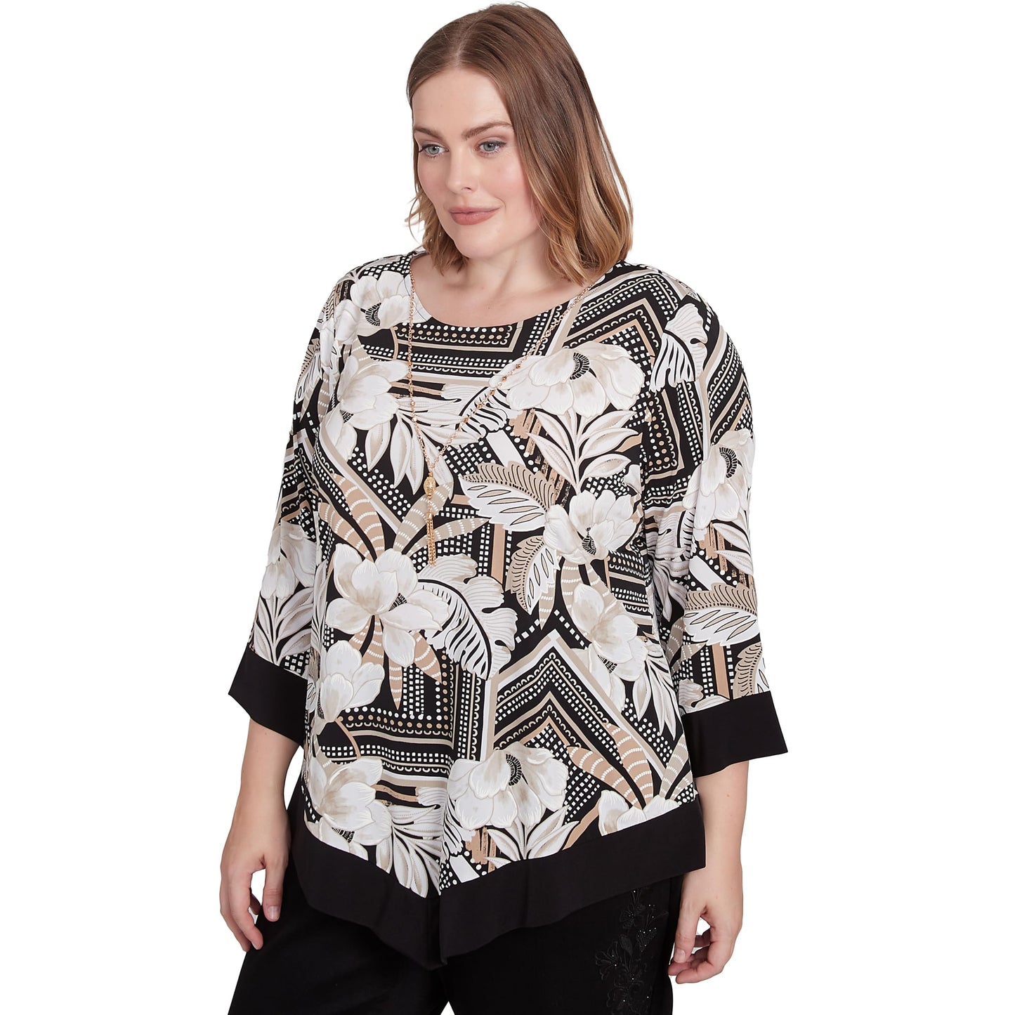 Alfred Dunner Women's Petite Floral Geometric Crewneck Top with Necklace Size PS Neutral Multi