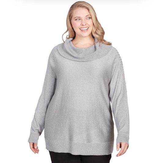 Ruby Rd. Silver sweater Cowel neck With Emelishment plus sizes