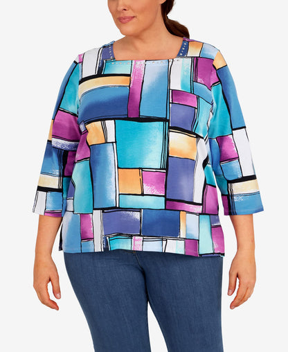 Alfred Dunner Women's Plus-Size Colorblock Square Neck Top