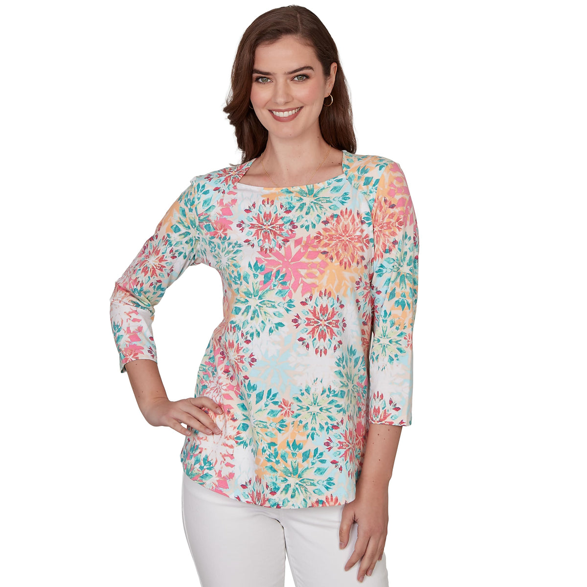 Ruby Rd. Women's Floral Medallion Envelope Neck Knit Top Size M Cotton Candy Multi