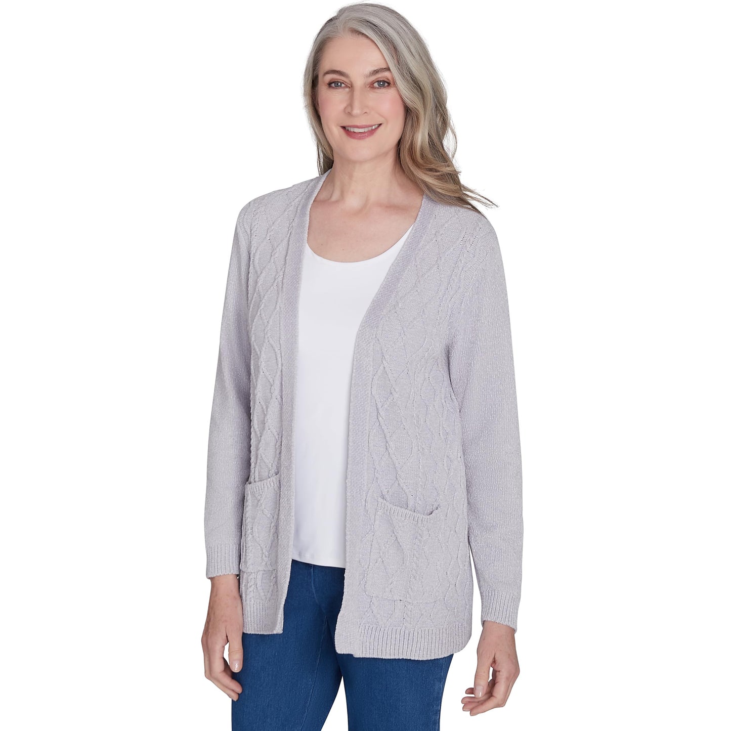 Alfred Dunner Classic Chenille Open Front Cardigan with Pocket Polyester (US, Alpha, Medium, Regular, Regular, Standard, Grey)