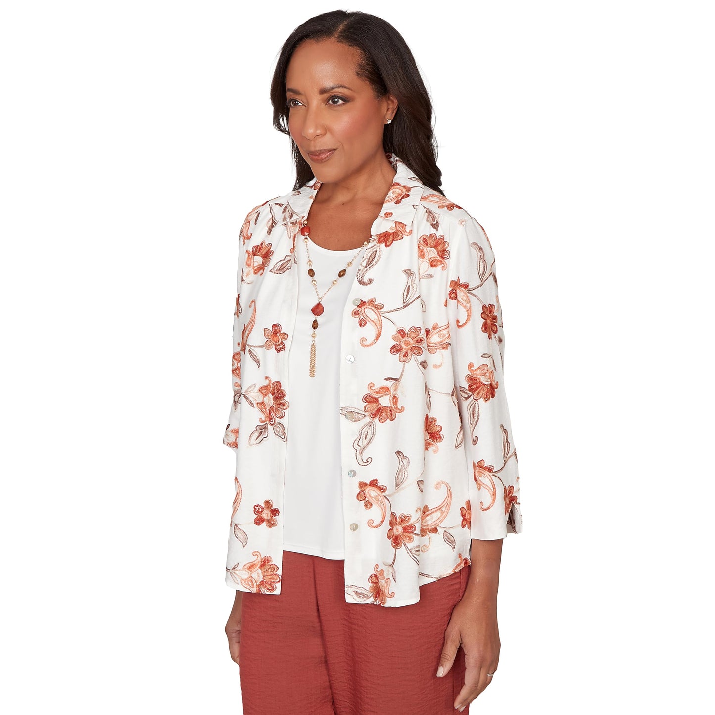 Alfred Dunner Women's Paisley Floral Collared Two in One Top with Necklace