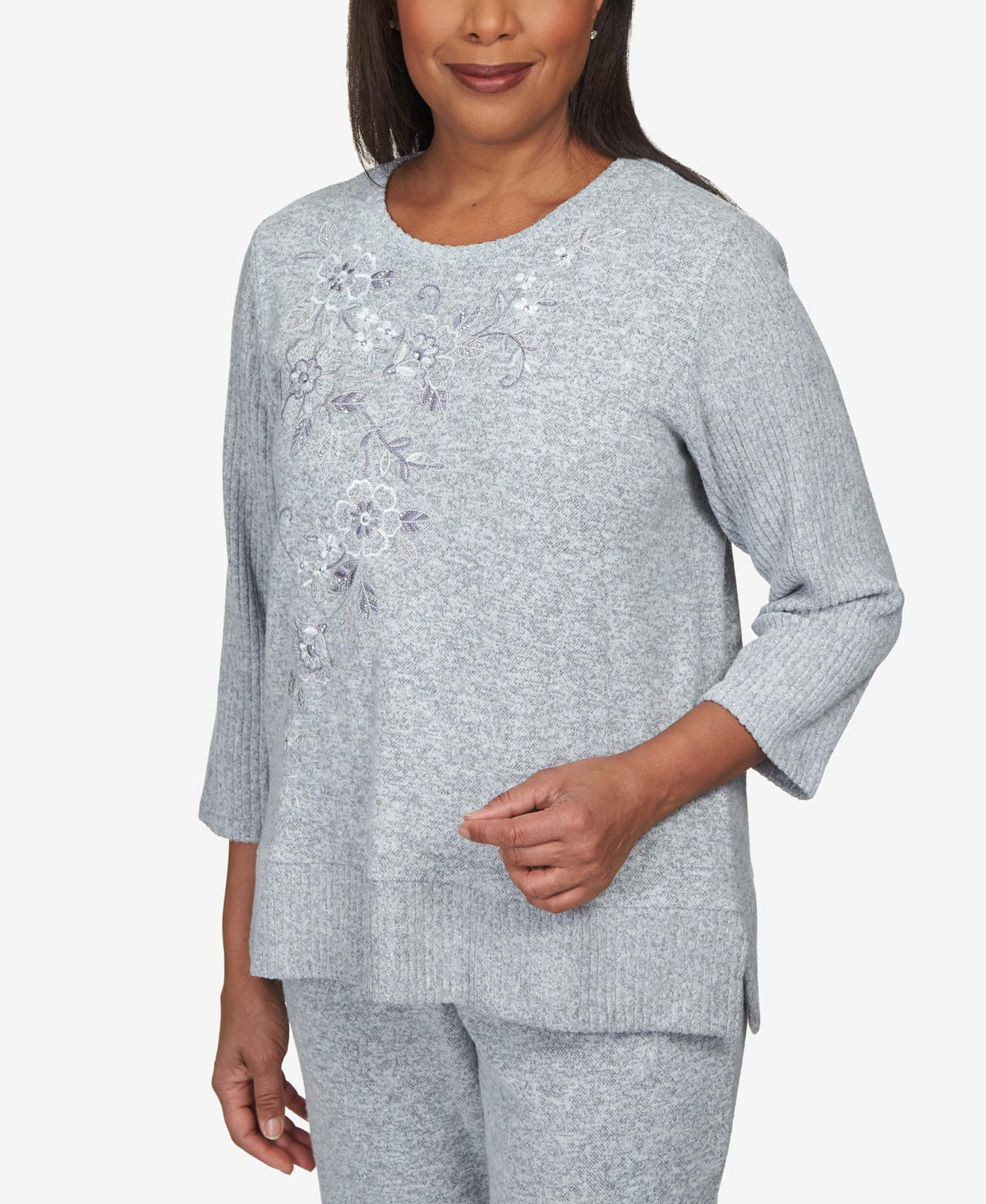 Alfred Dunner Comfort Zone Floral Embroidered Ribbed Sleeve with Slit Hem Knit Top