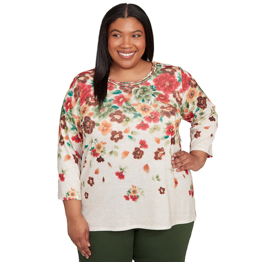 Alfred Dunner Women's Plus-Size Floral Detailed Neck Top Size 2X Oatmeal Multi