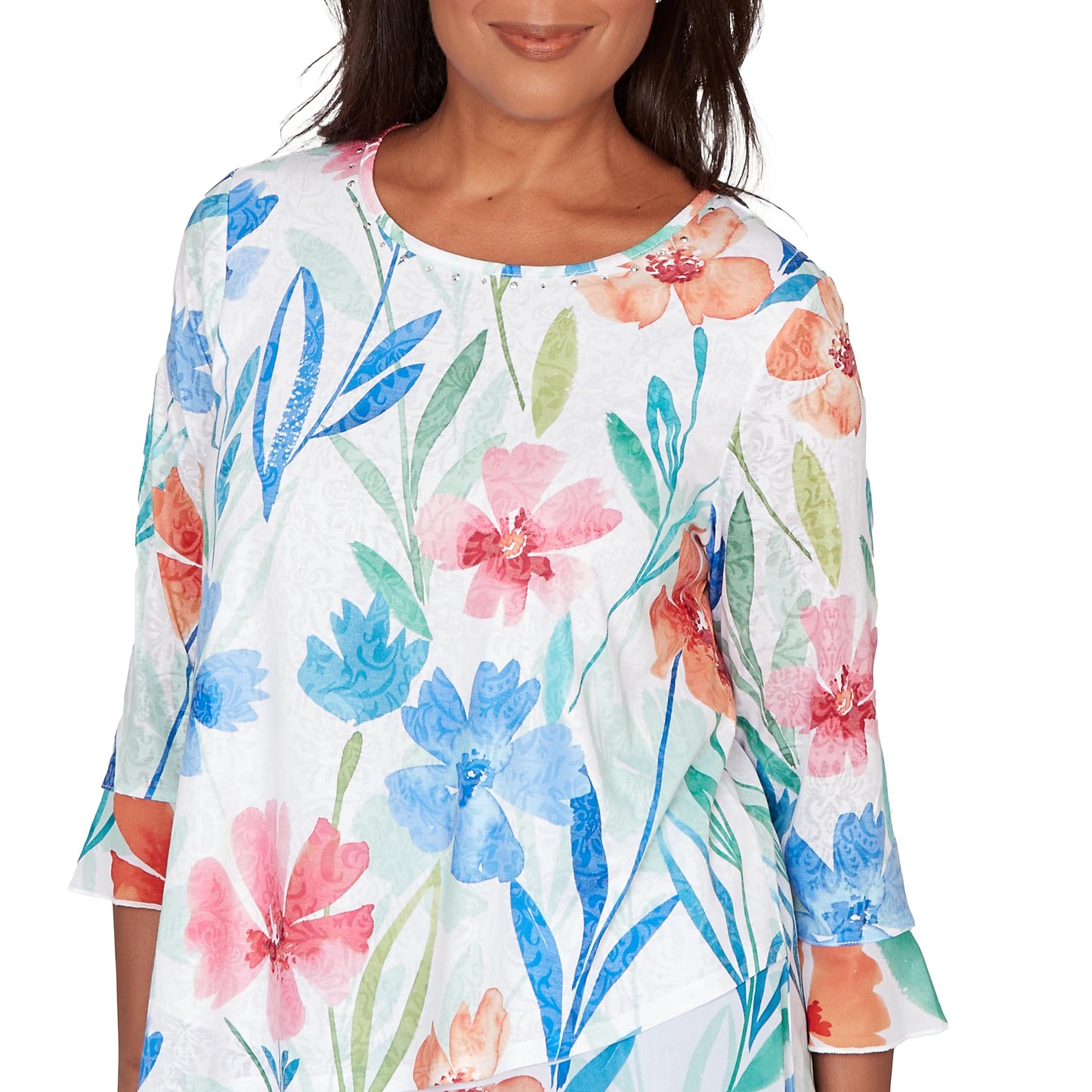 Alfred Dunner Women's Whimsical Flower Bell Sleeve Top