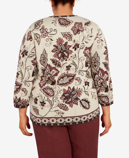 Alfred Dunner Women's Plus-Size Floral Jacquard Geometric Trim Sweater