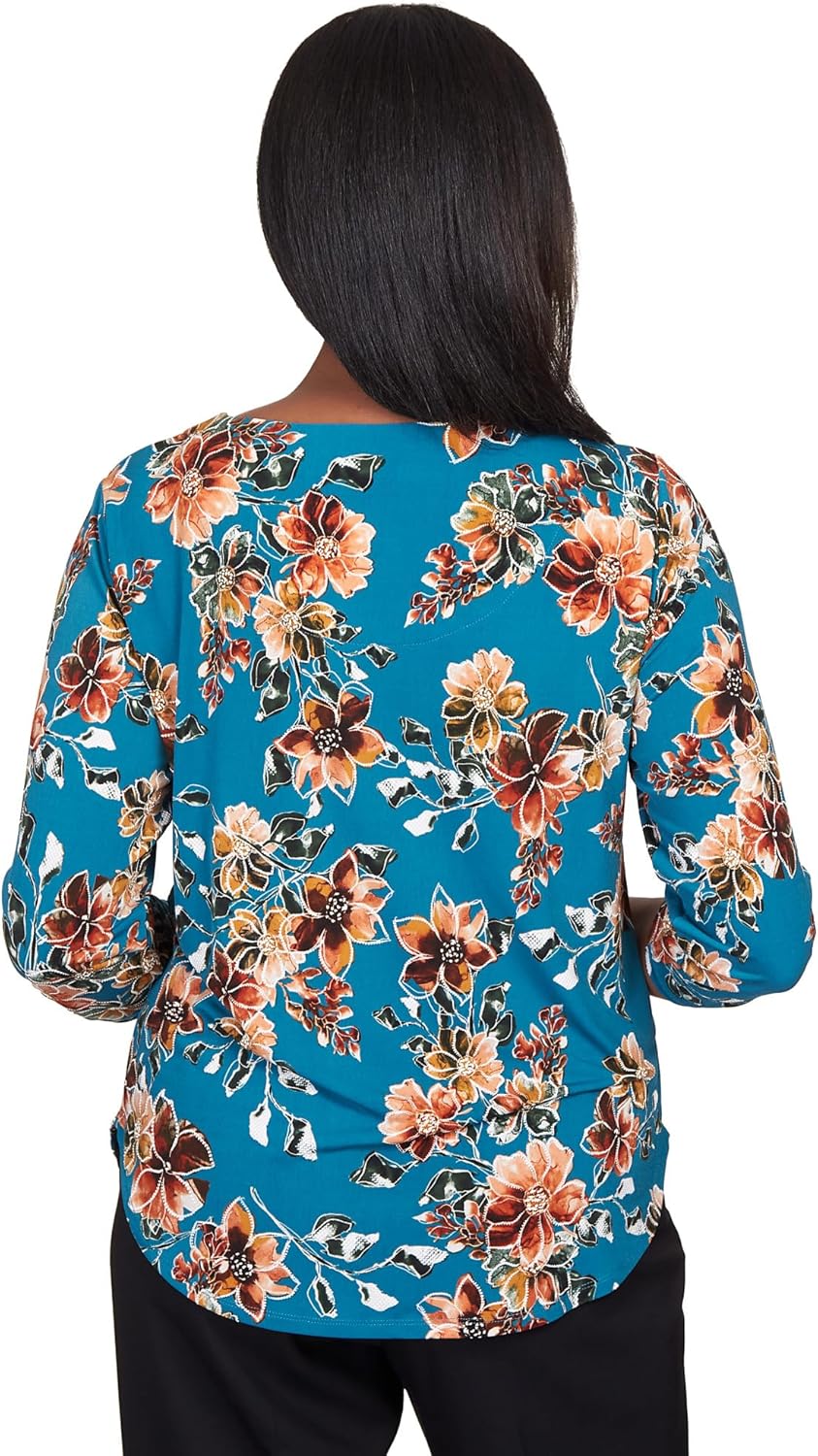 Alfred Dunner Women's Tossed Floral Shirttail Hem Top Size L Teal