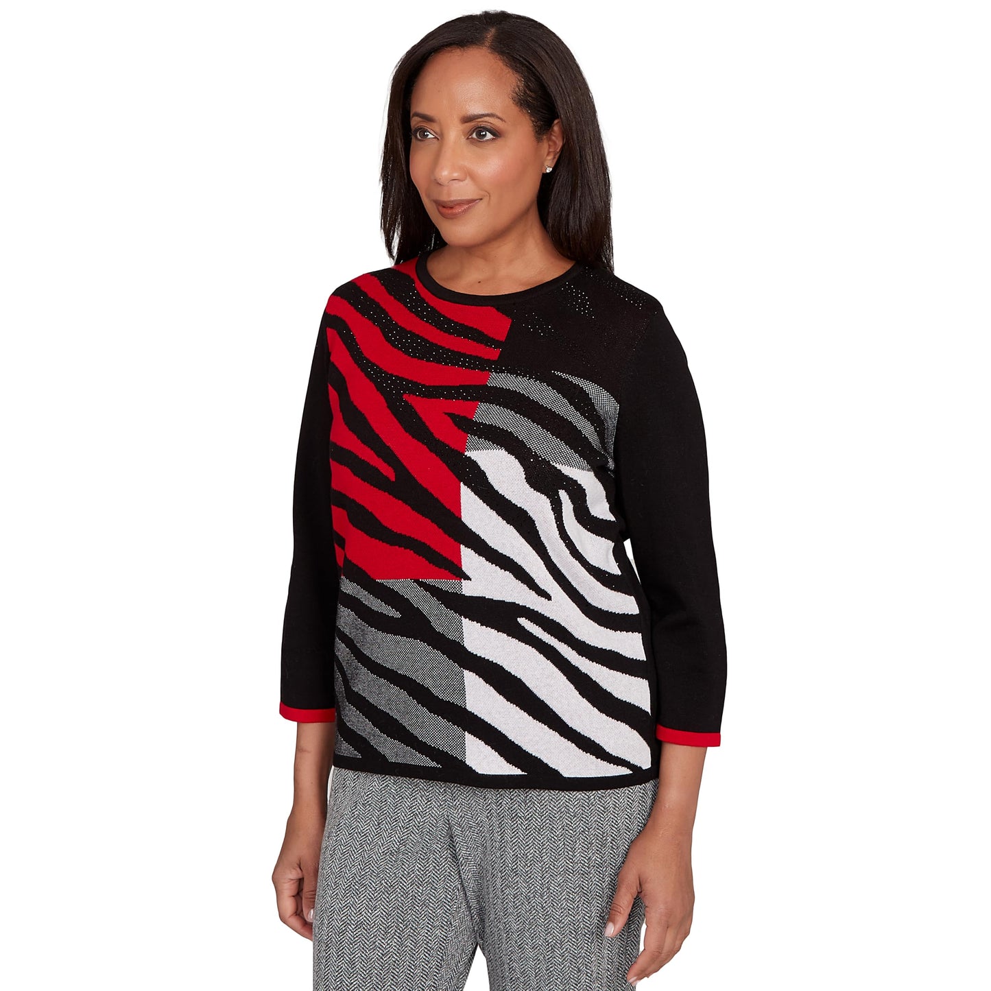 Alfred Dunner Jet Setter Zebra Colorblock Sweater (US, Alpha, Medium, Regular, Regular, Standard, Red/Multi)