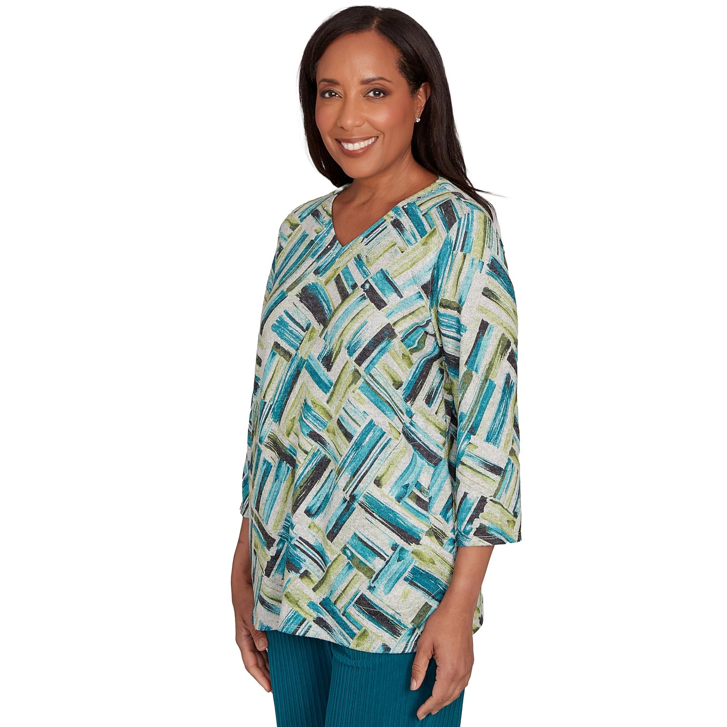 Alfred Dunner Women's Detailed V Neck Brushstroke Top Size L Spruce