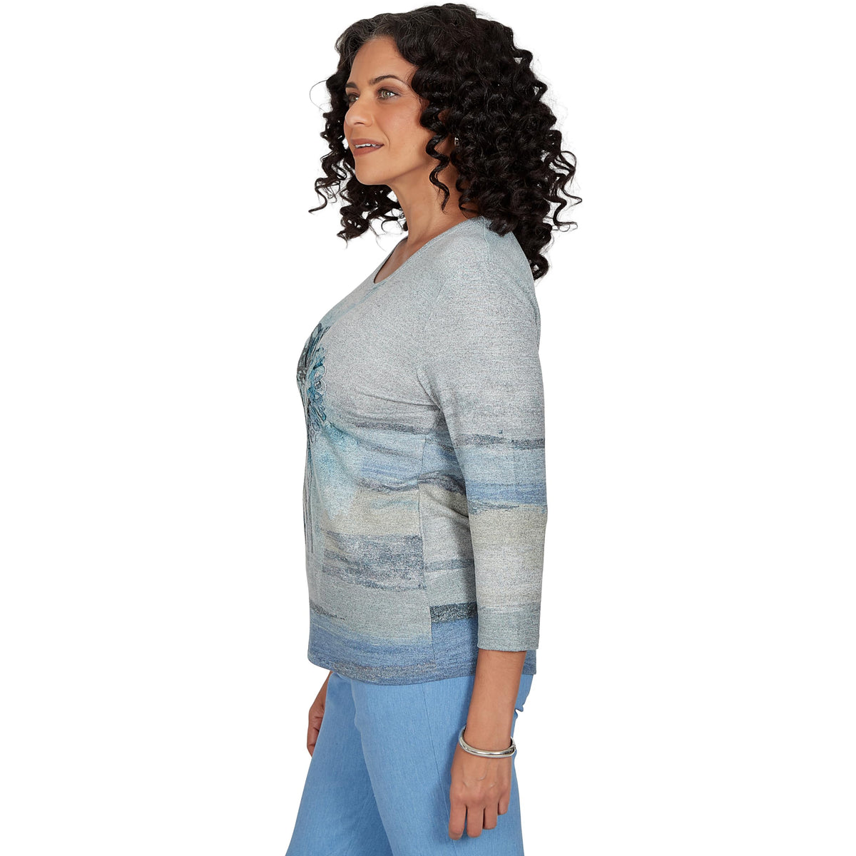 Alfred Dunner Women's Chenille Painted Floral Lace Top, Blue, XL