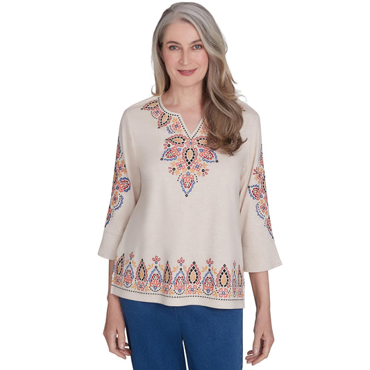 Alfred Dunner Harvest Moon Bohemia's Vibe Cotton/Poly Top (US, Alpha, Small, Regular, Regular, Standard, Oatmeal)
