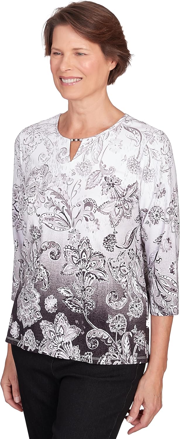 Alfred Dunner Women's Classics Neutrals Ombre Scroll Floral Split Neck Top