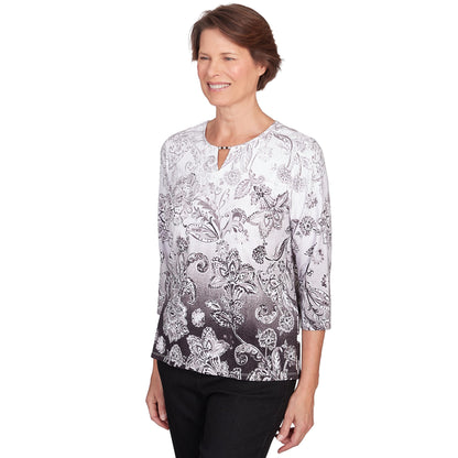 Alfred Dunner Women's Classics Neutrals Ombre Scroll Floral Split Neck Top