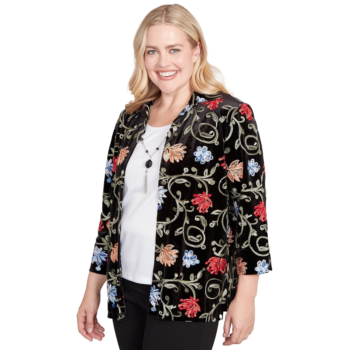 Alfred Dunner Women's Rich Velvet Floral Two in One Top with Necklace