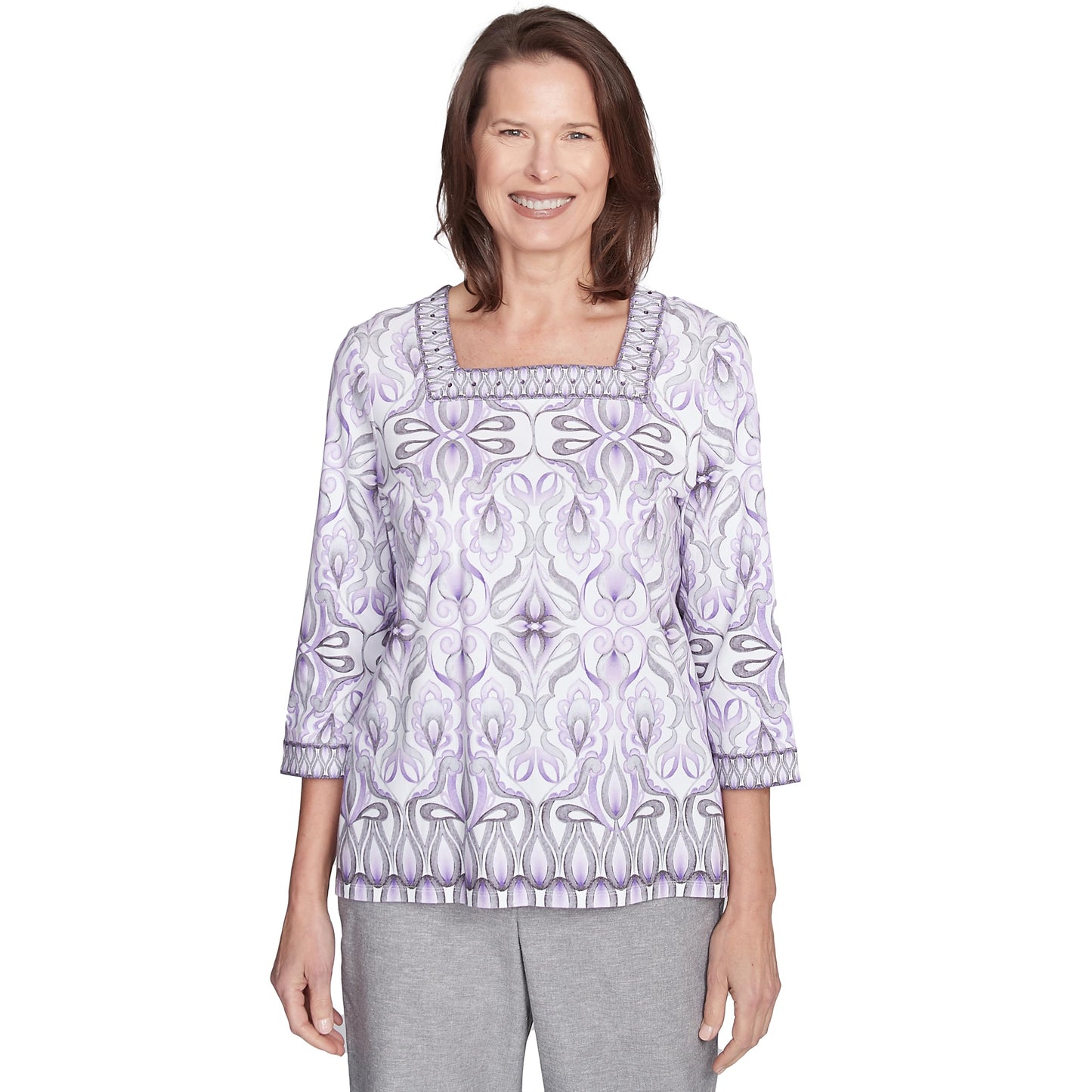 Alfred Dunner Crystal Springs Multicolor Square Neck and Border Medallion Cotton Top (US, Alpha, Medium, Regular, Regular, Standard, Multi)