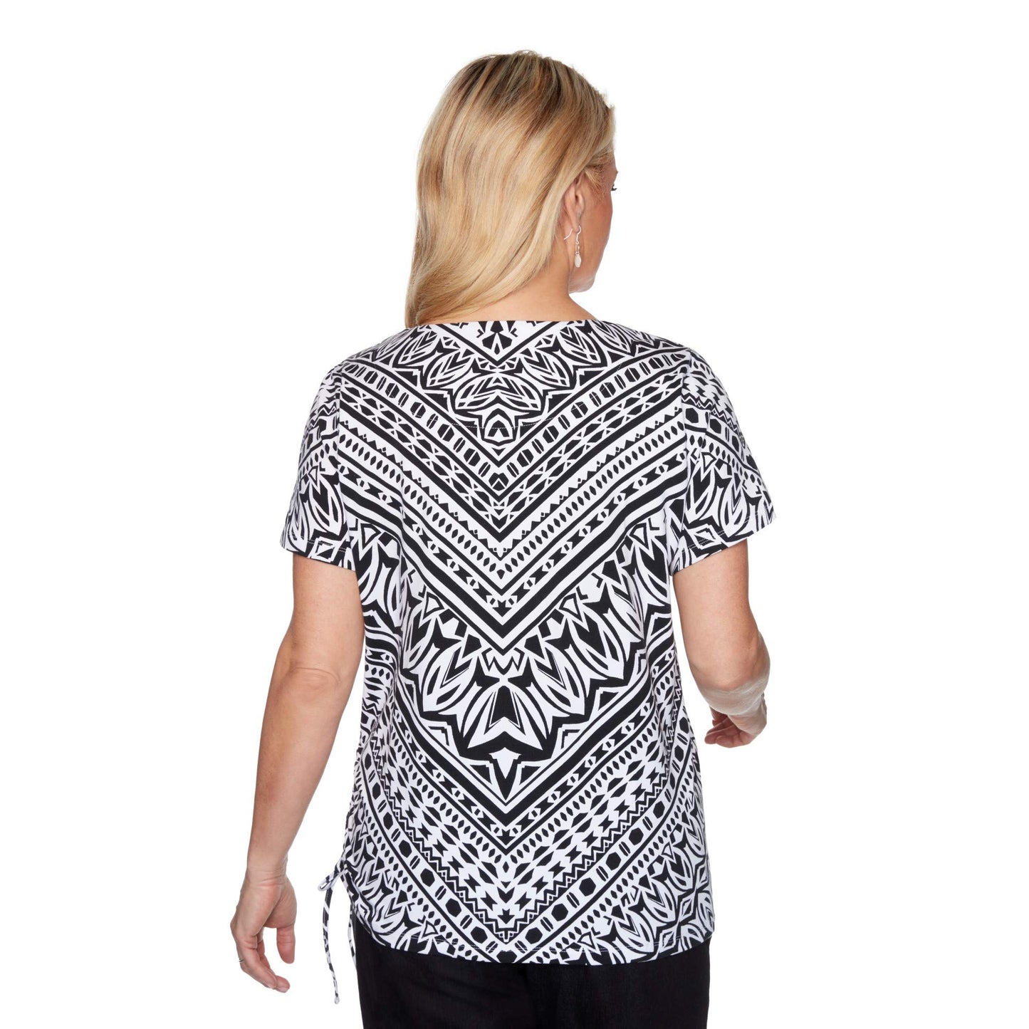 Alfred Dunner Women's Petite Geometric Chevron Short Sleeve Knit Top with Side Ruching Size PXL Multi