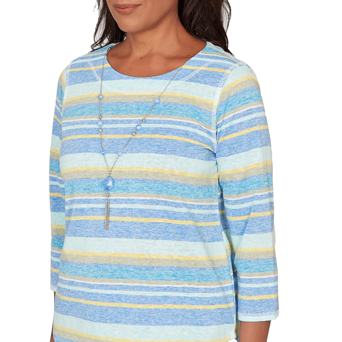 Alfred Dunner Women's Coastal Striped Top with Necklace, Size S, Blue