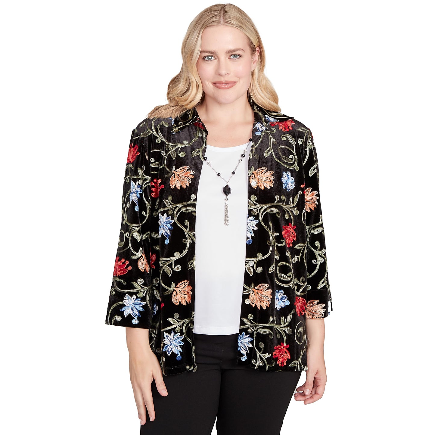 Alfred Dunner Women's Rich Velvet Floral Two in One Top with Necklace