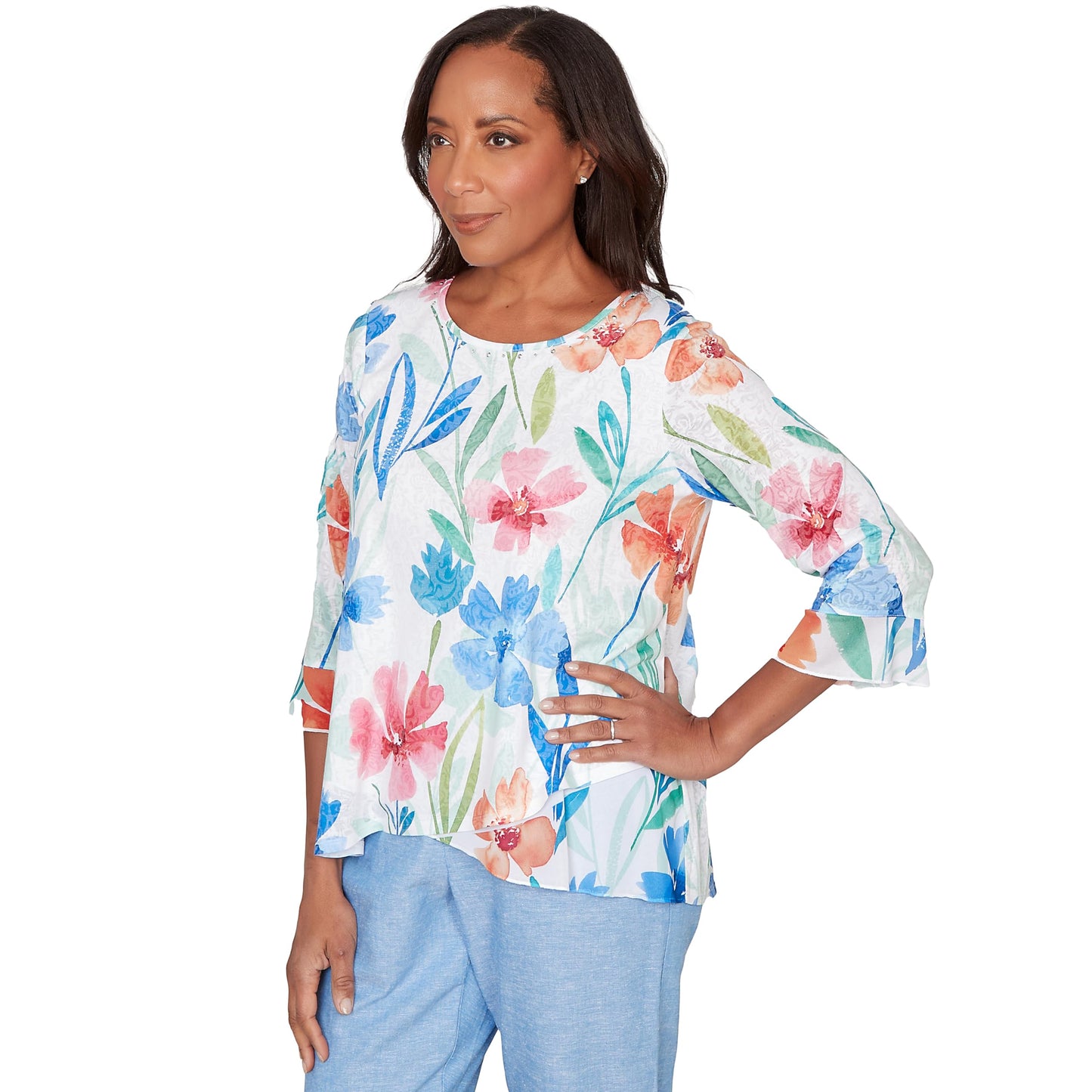 Alfred Dunner Women's Whimsical Flower Bell Sleeve Top